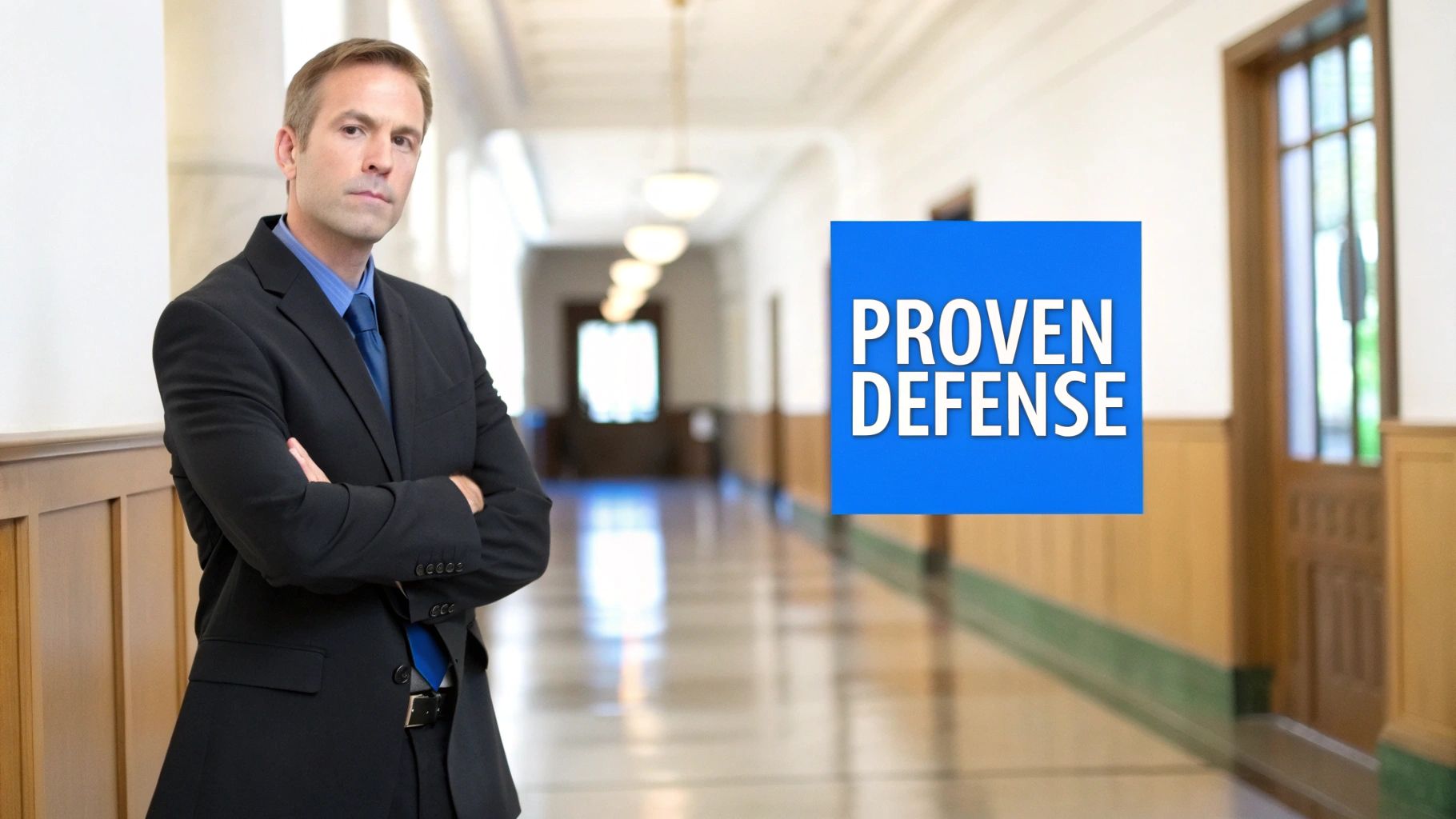 Professional defense attorney standing confidently in courthouse hallway with proven defense text overlay