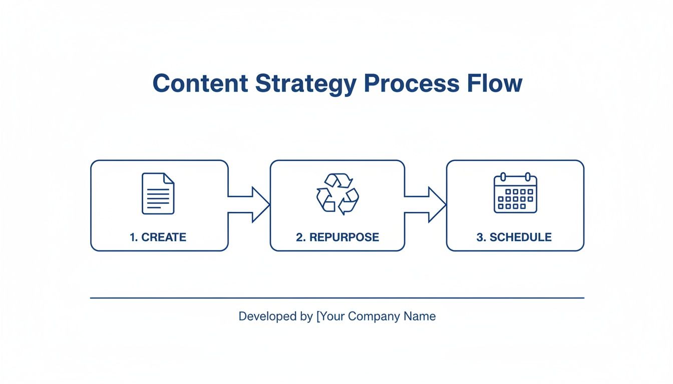 A content strategy process flow diagram with three steps: create, repurpose, and schedule content.