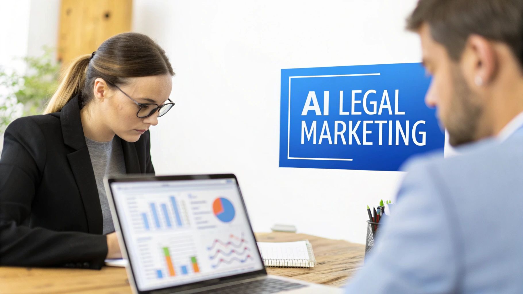 A woman works on a laptop displaying data charts, an 'AI Legal Marketing' sign in the background.