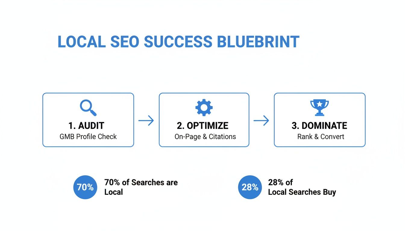 A Local SEO success blueprint outlining three steps: Audit, Optimize, Dominate, with local search statistics.