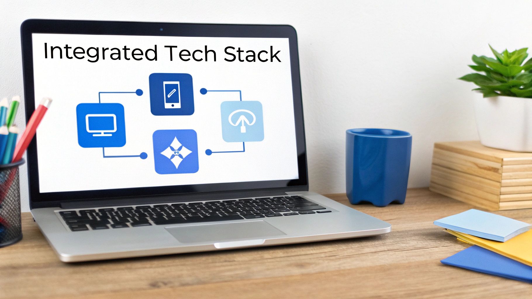A laptop displays an 'Integrated Tech Stack' diagram in a modern office workspace.