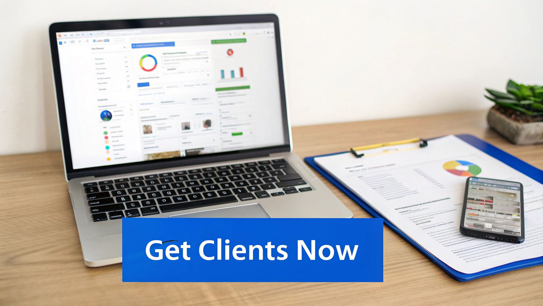 A laptop displaying a data dashboard next to a clipboard with charts and a smartphone, on a wooden desk.