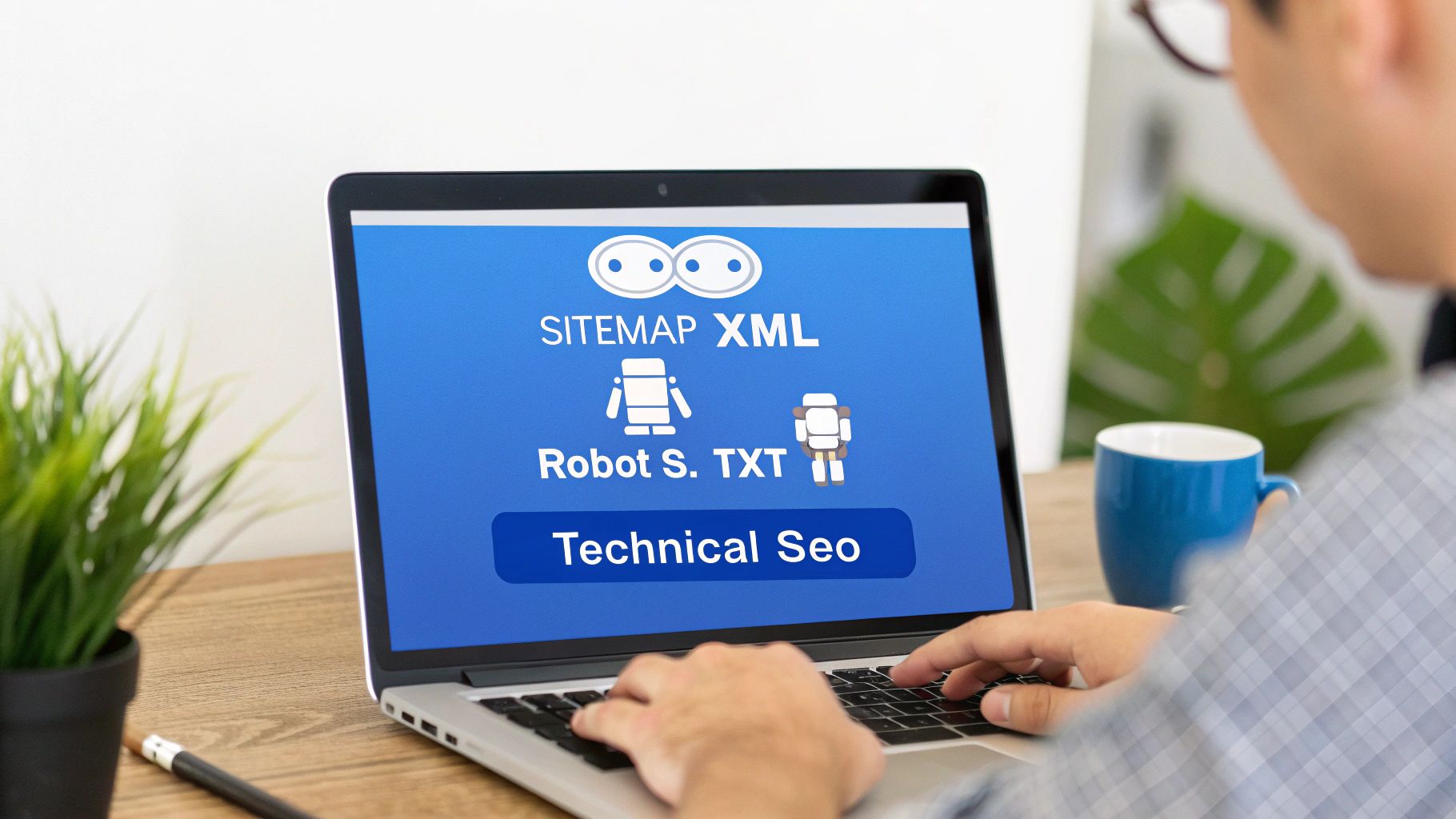 Person typing on a laptop, screen showing Sitemap XML, Robots.txt, and Technical SEO concepts.
