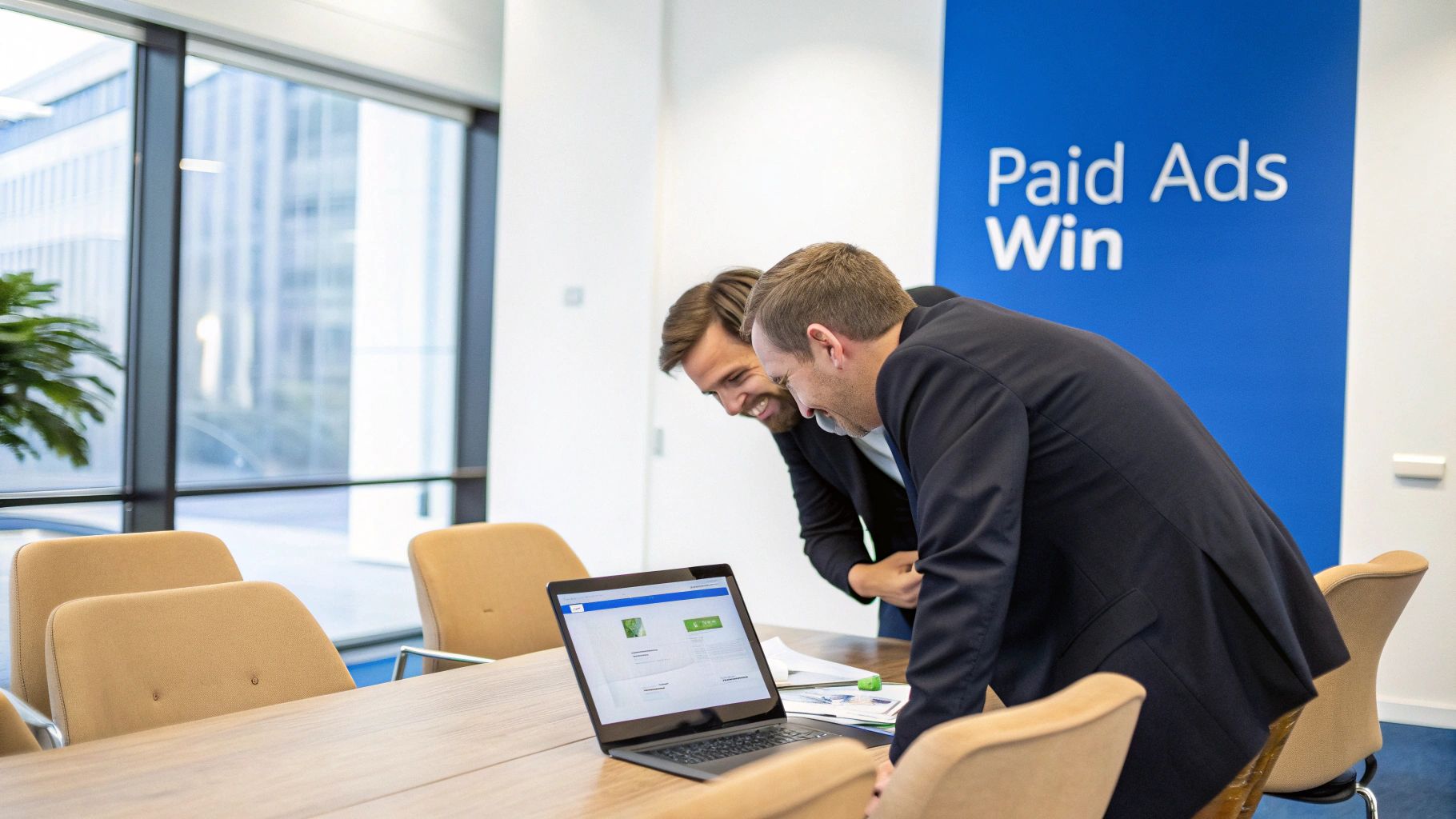 Two smiling businessmen look at a laptop in a modern office with a 'Paid Ads Win' banner.
