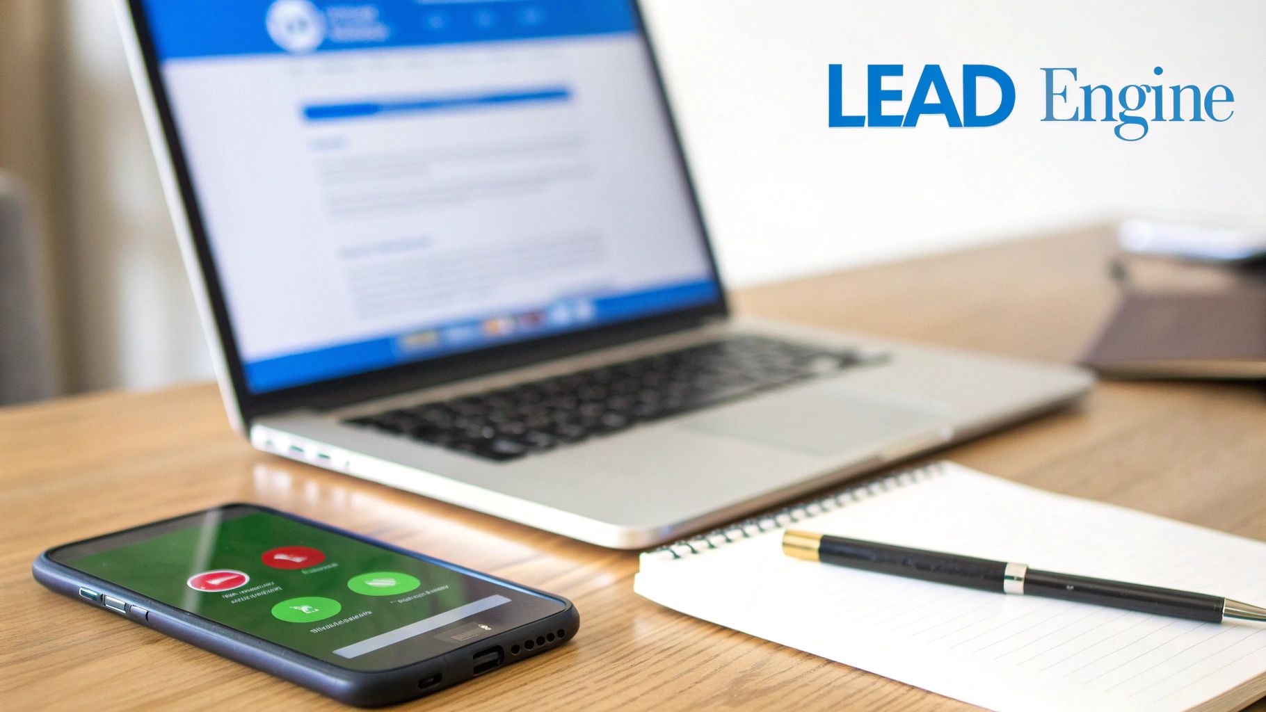 A laptop, smartphone displaying a call, notepad, and pen on a wooden desk with 'LEAD Engine' logo.