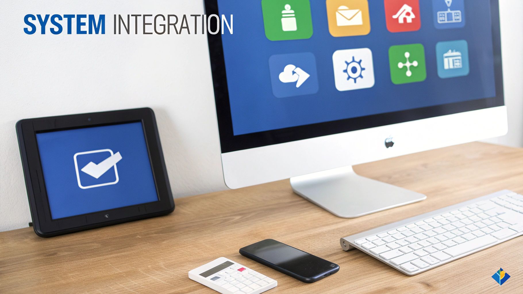 An office desk with an iMac, tablet, smartphone, and keyboard, displaying system integration concepts.