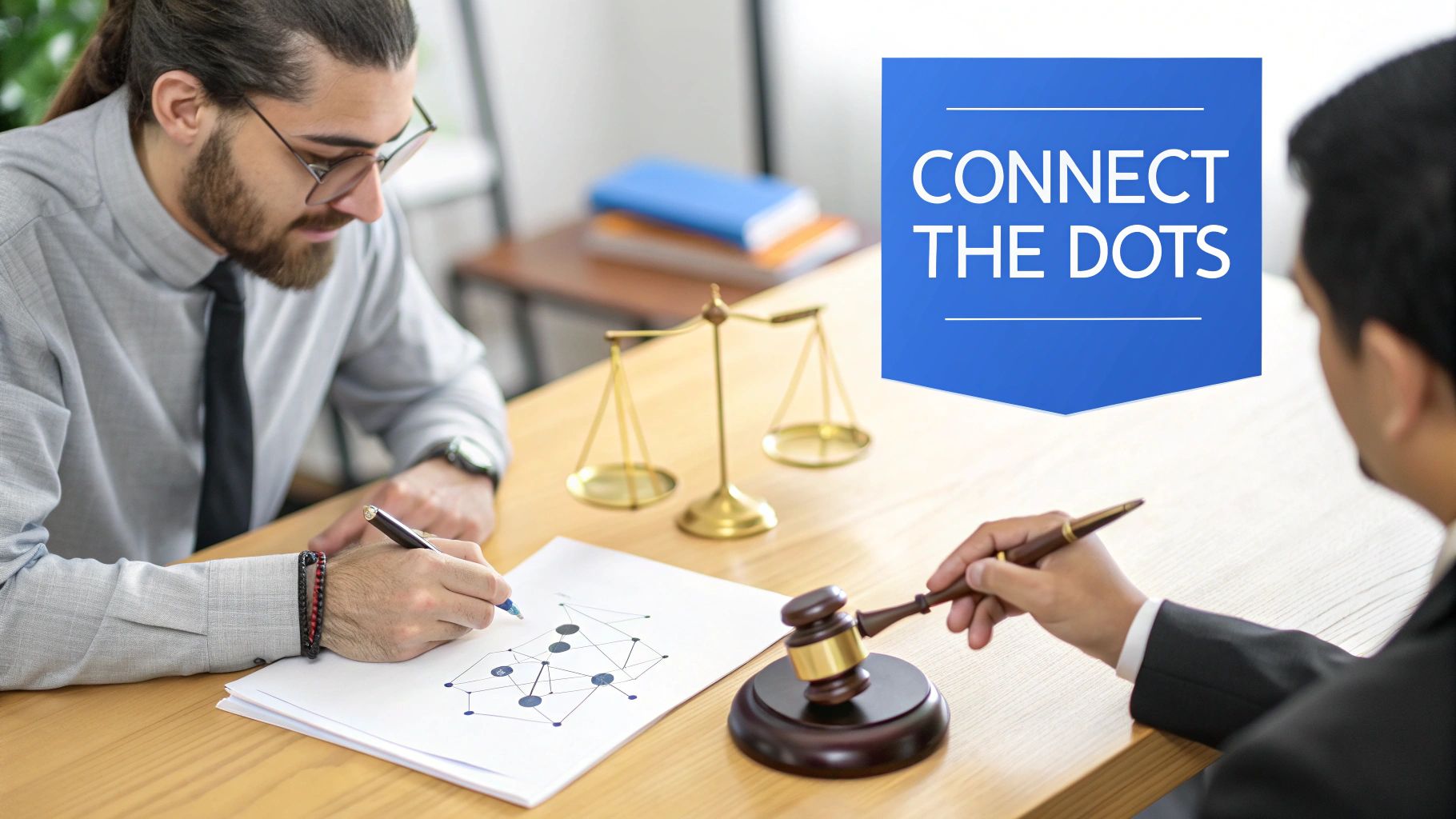 Two men actively problem-solving, one drawing a diagram, the other holding a gavel, with "CONNECT THE DOTS" text.