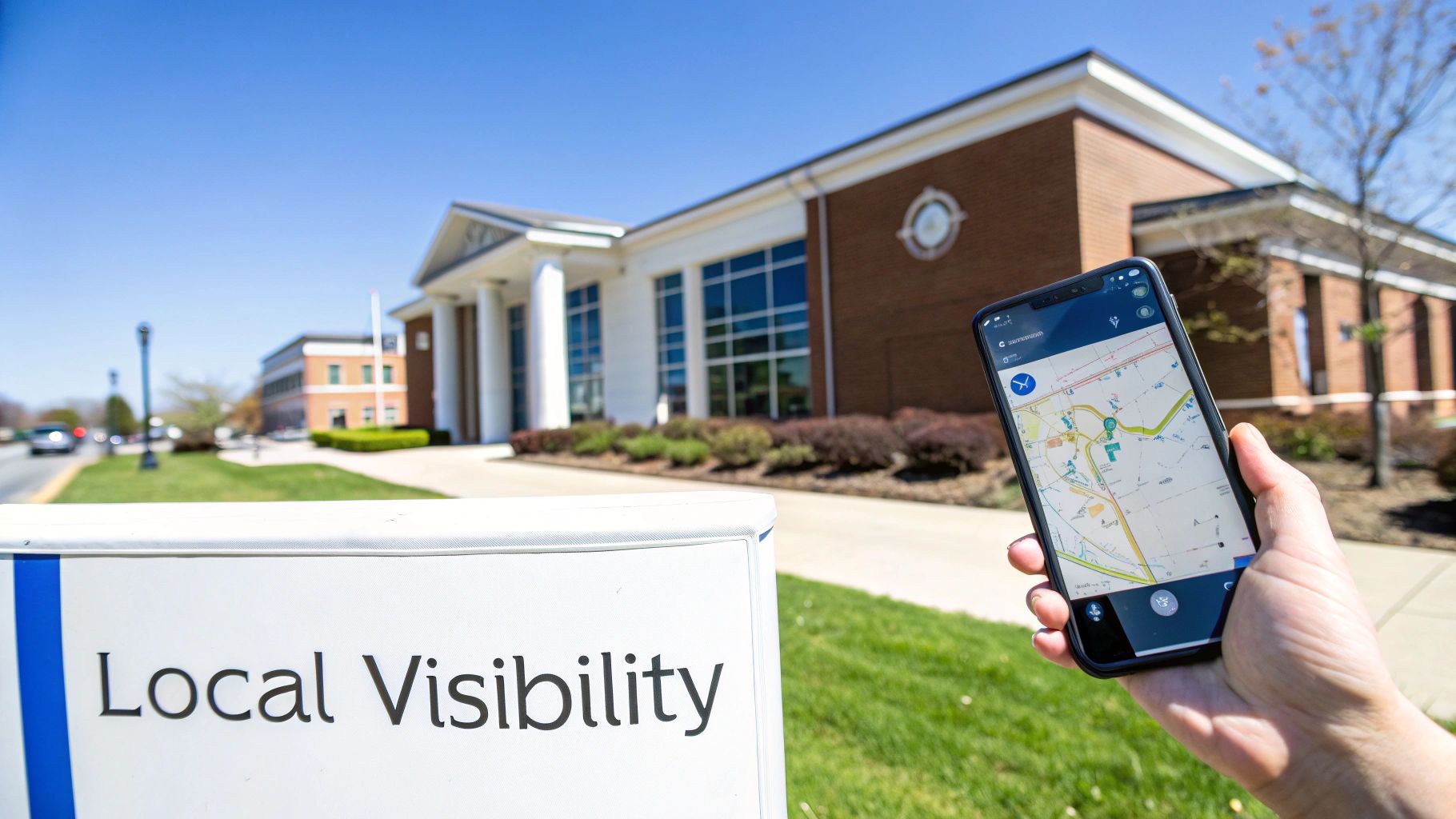 Smartphone displaying a map application, with a "Local Visibility" sign and buildings under a clear sky.