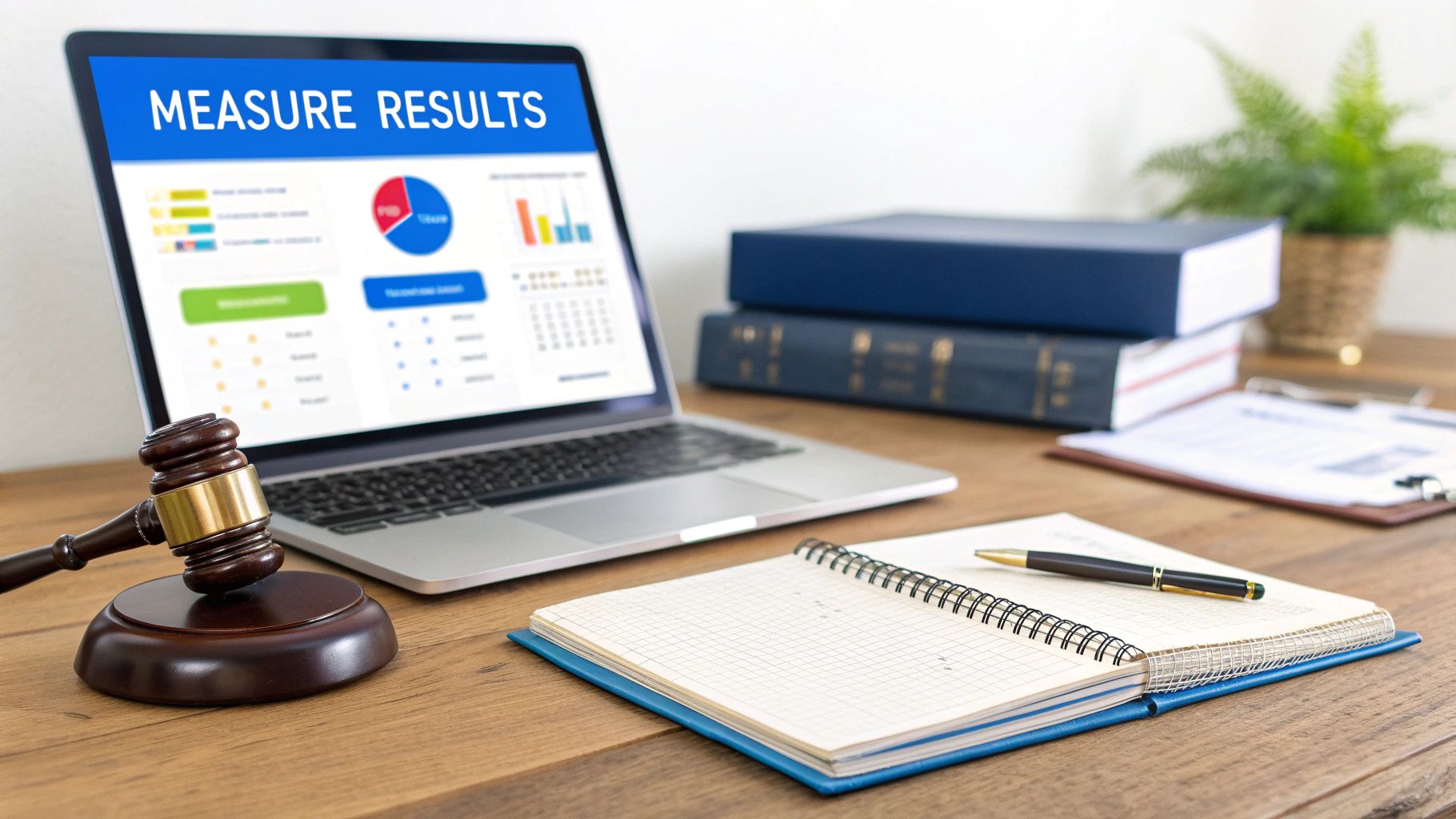 A laptop showing 'Measure Results' with charts, a gavel, and legal books on a wooden desk.
