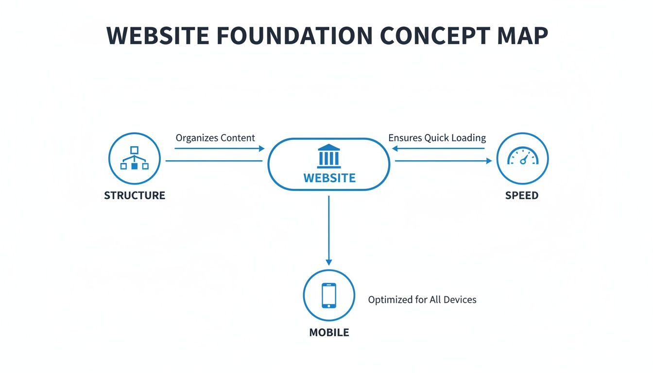 A concept map showing website foundations: structure organizes content, speed ensures quick loading, and mobile optimizes for all devices.