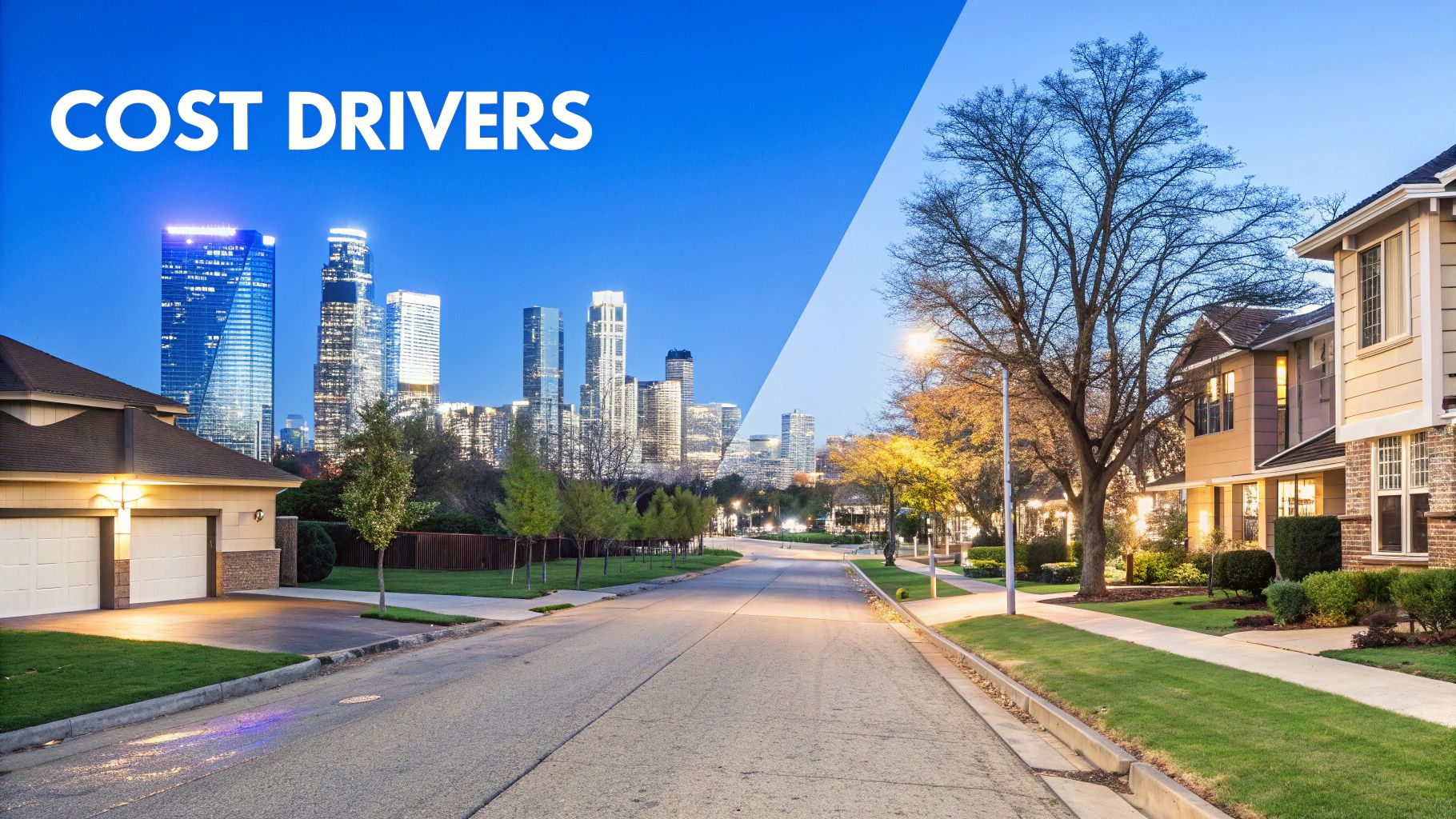 Suburban neighborhood street with modern homes and illuminated city skyline at dusk representing cost drivers