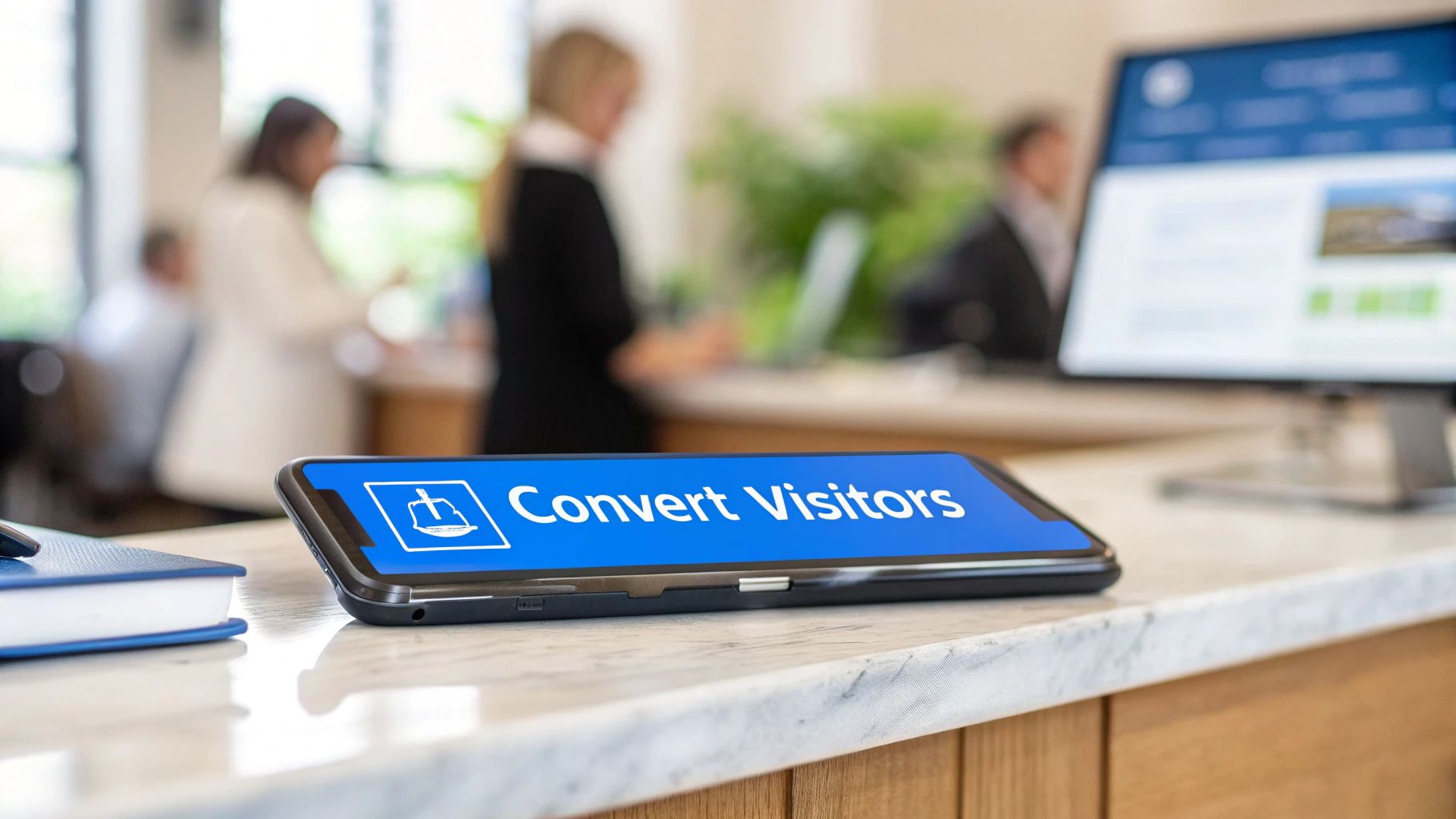 A smartphone screen displays 'Convert Visitors' and a legal icon on an office counter.