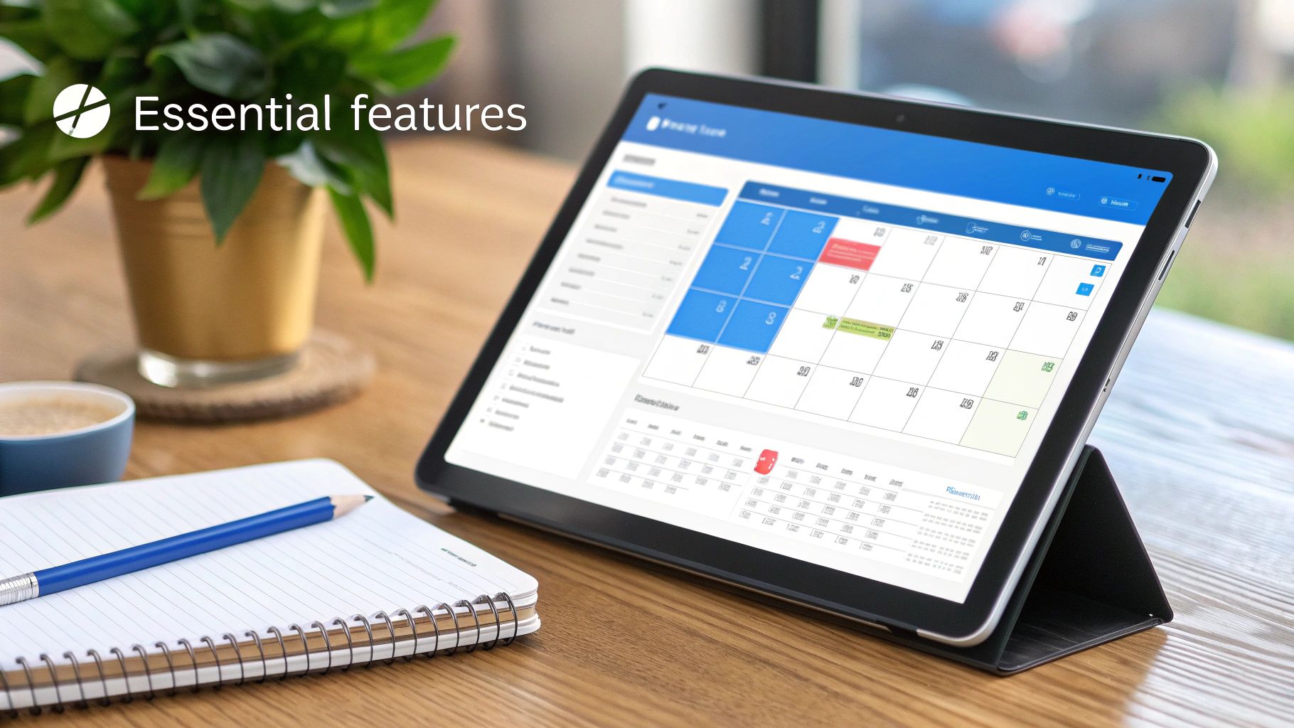 Modern workspace with a tablet displaying a calendar application, a notebook, and a cup, featuring essential software.