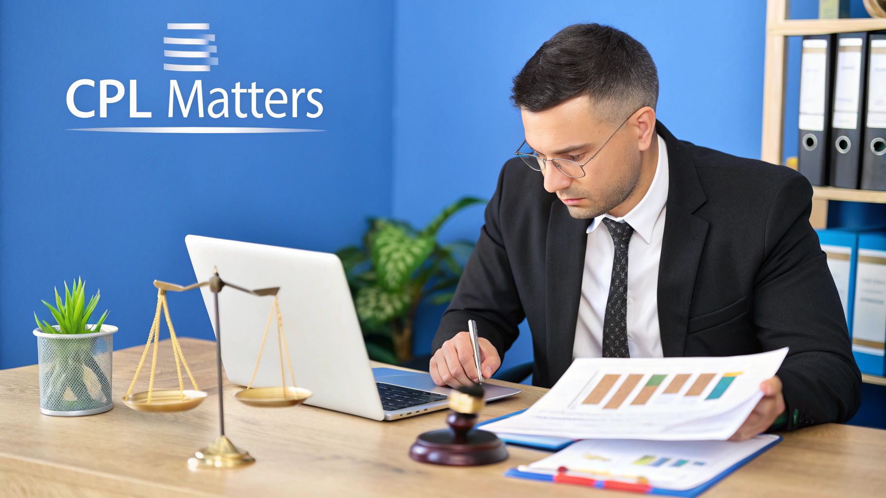 Professional man in suit analyzing data on laptop and papers, with scales of justice.