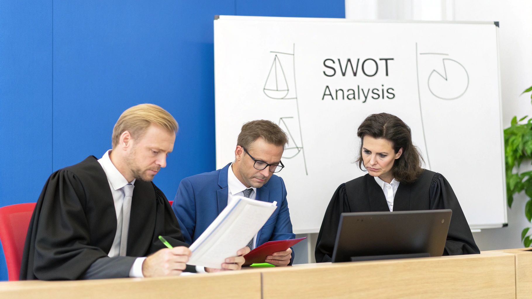 Three legal professionals, two in robes, analyze documents and a laptop in a courtroom setting.