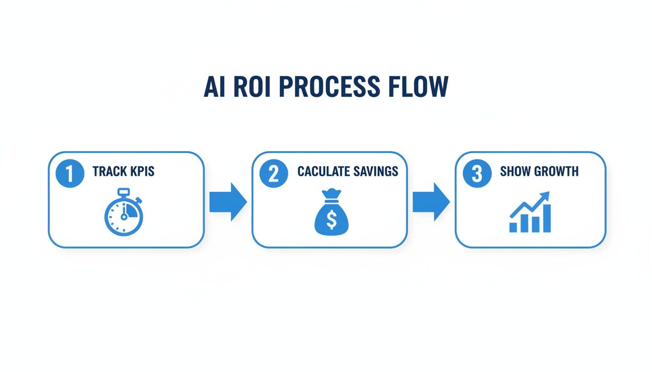 A three-step AI ROI process flow diagram showing tracking KPIs, calculating savings, and showing growth.