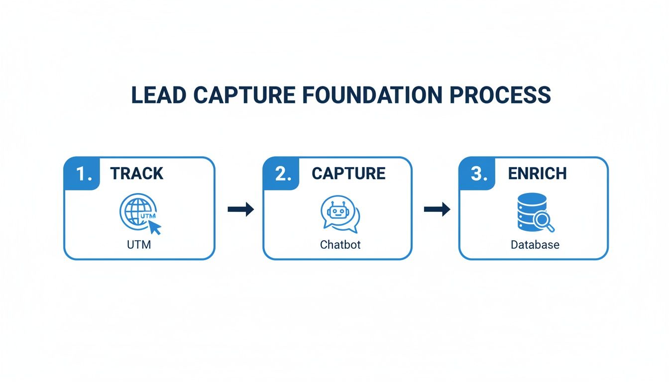 A diagram outlining the lead capture foundation process: track via UTM, capture with chatbot, and enrich through a database.