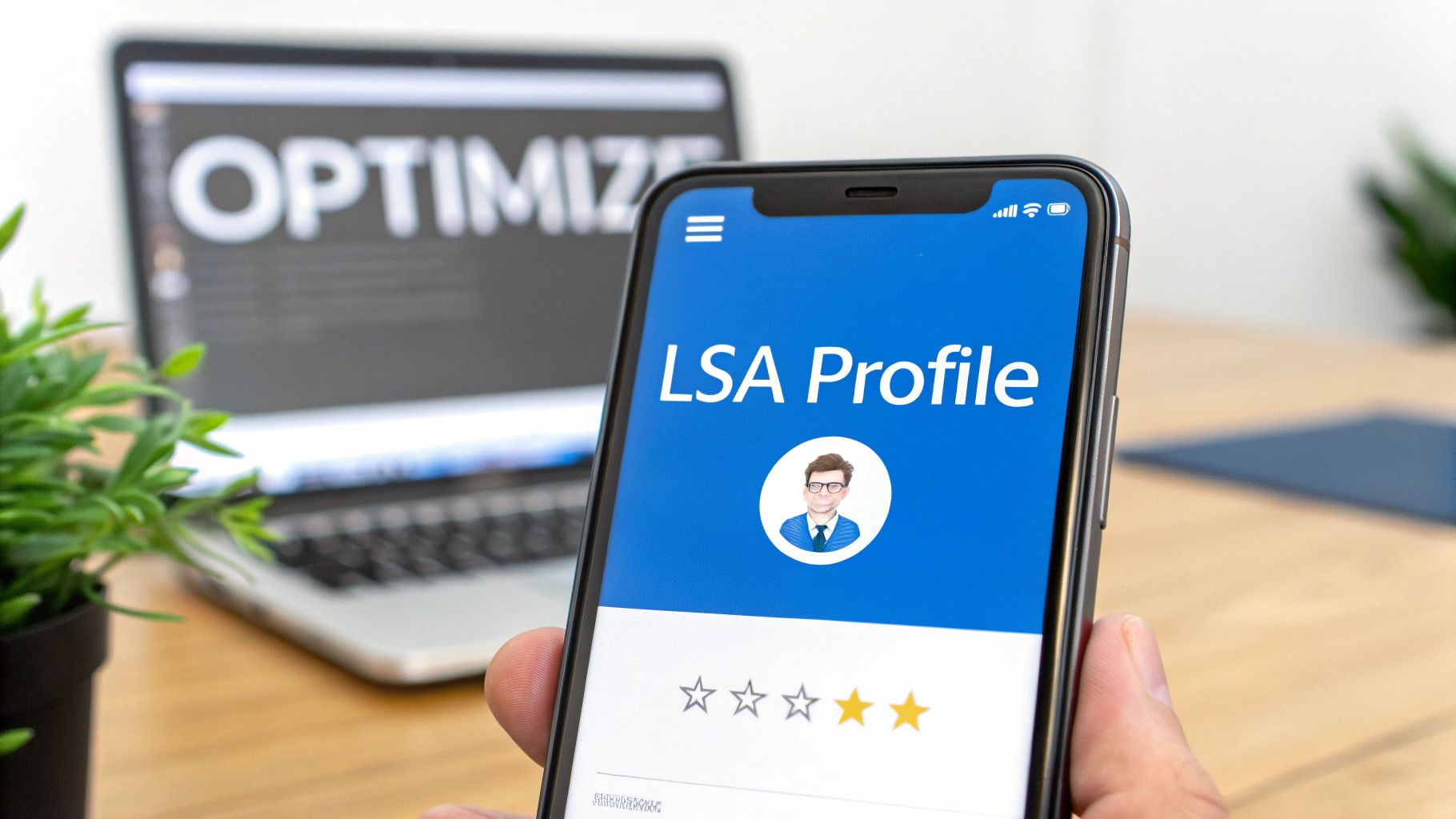 Mobile phone displaying LSA Profile screen with star rating and laptop showing optimize text in background