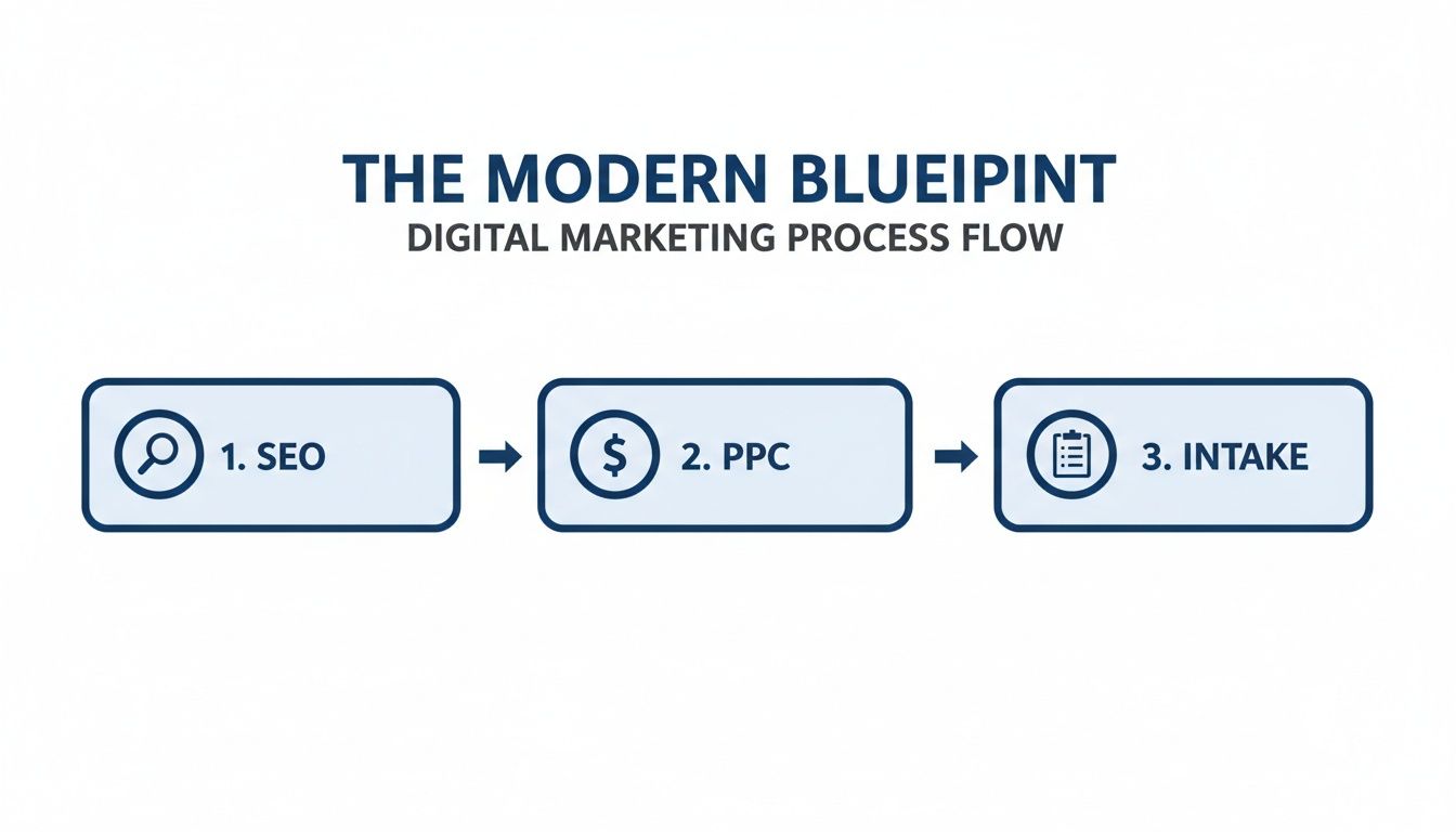 A flowchart showing a modern digital marketing process with three steps: SEO, PPC, and Intake.