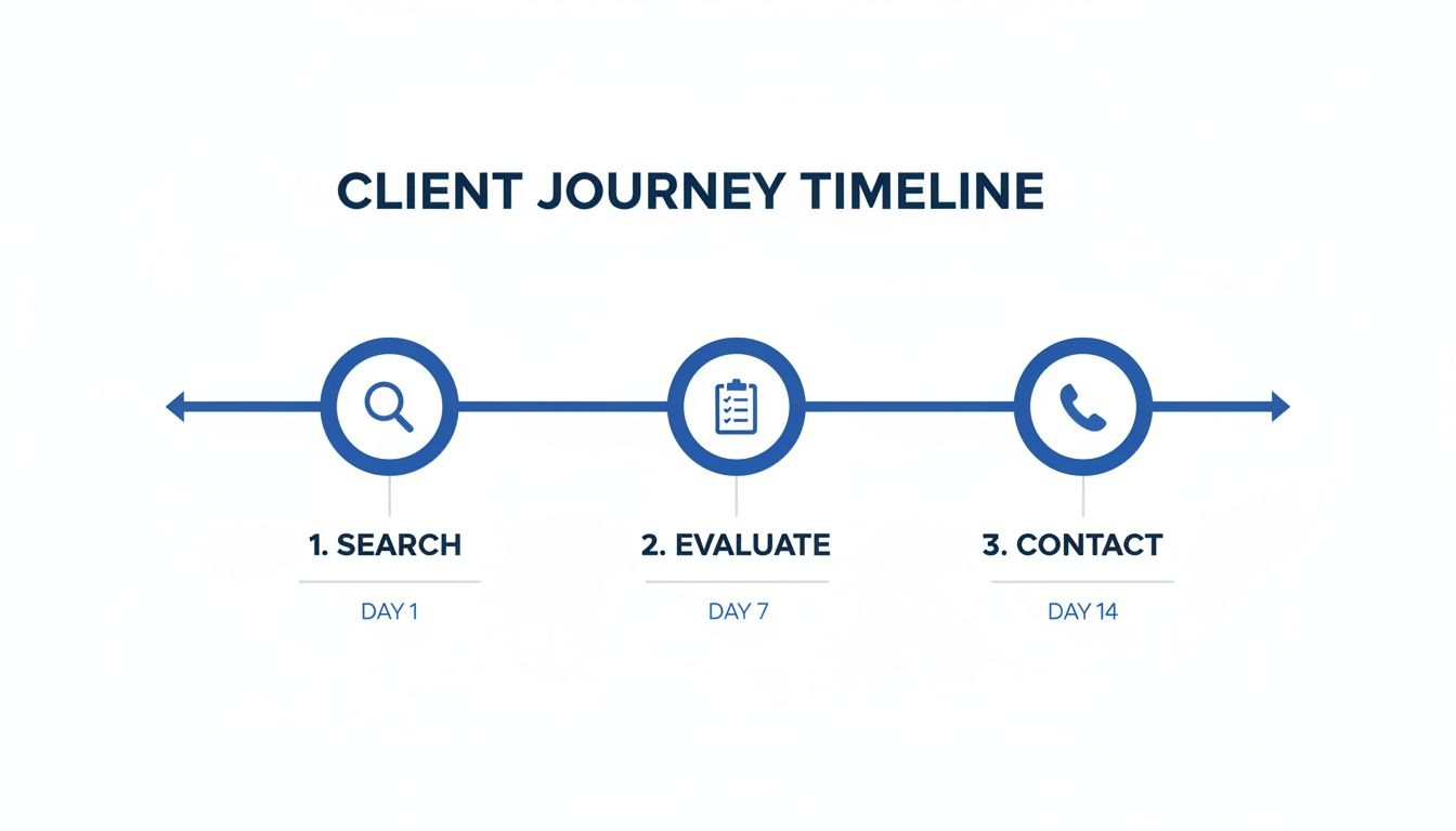 A client journey timeline infographic with three stages: search, evaluate, and contact, spanning 14 days.