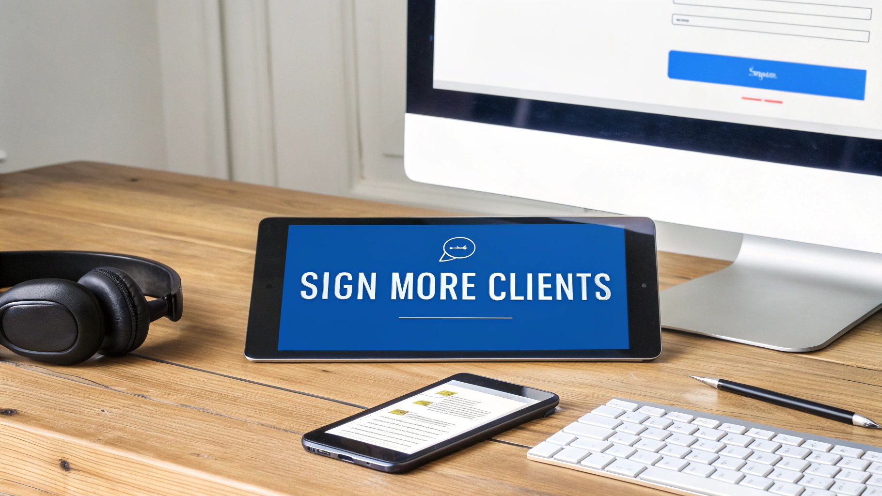 A wooden desk features a tablet displaying 'SIGN MORE CLIENTS', headphones, a monitor, phone, keyboard, and pen.