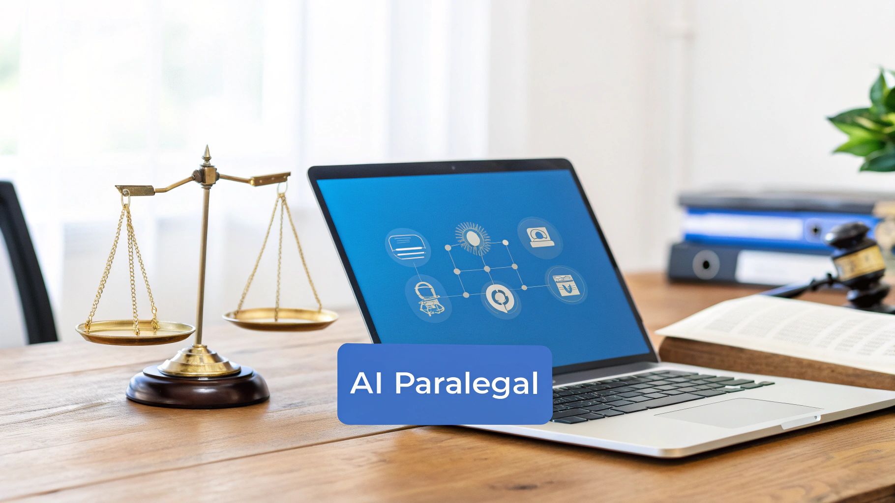 A desk with a laptop displaying legal icons, a scale of justice, and a gavel, with text 'AI Paralegal'.