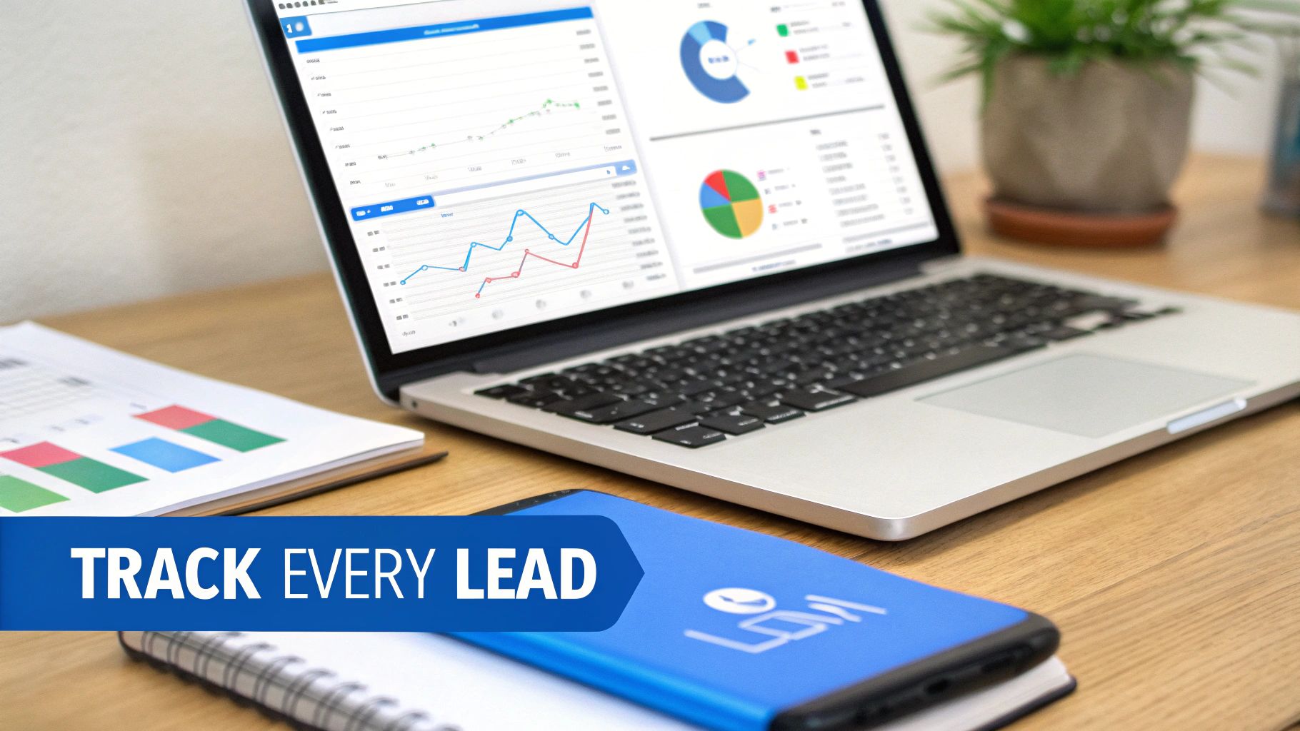 A laptop displays marketing attribution data with charts and graphs on a desk with a smartphone and documents.