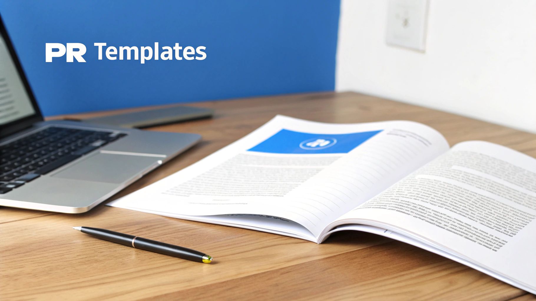 A desk setup with a laptop, open document, and pen, displaying 'PR Templates' on a blue wall.