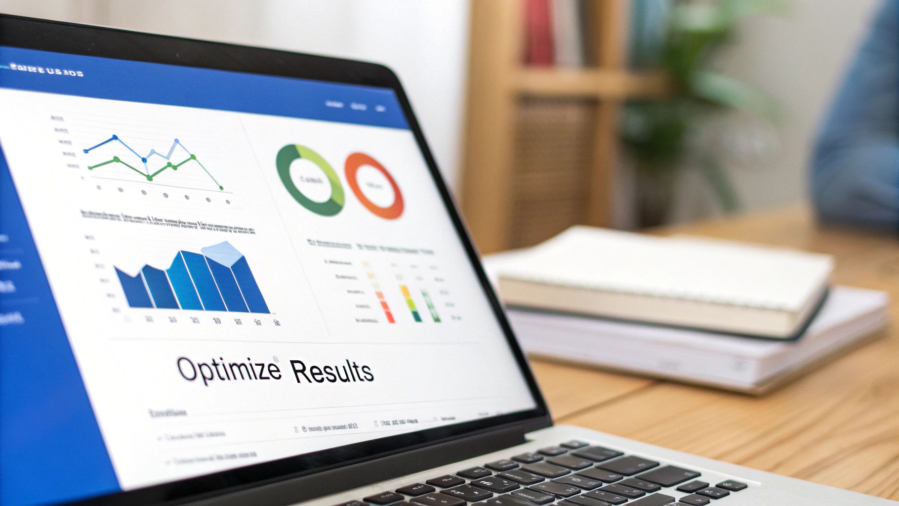 A laptop screen displays various business analytics charts, including line graphs, bar charts, and donut charts, with 'Optimize Results' text.