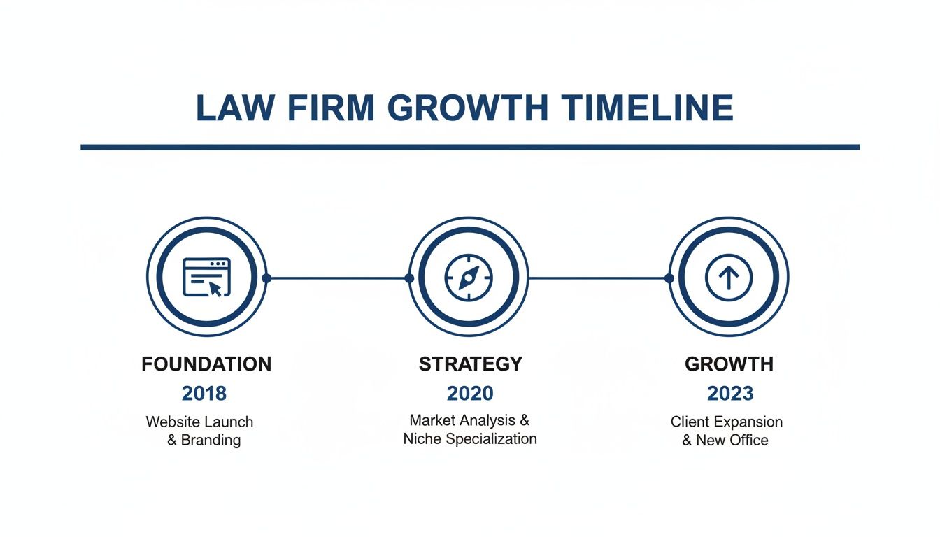 Timeline illustrating a law firm's growth from foundation in 2018 to expansion in 2023, detailing key milestones.