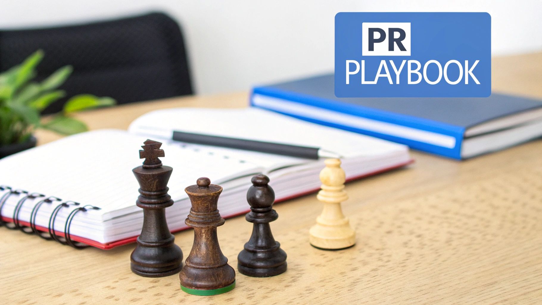 A 'PR PLAYBOOK' banner above chess pieces, notebook, and books, signifying strategic public relations planning.