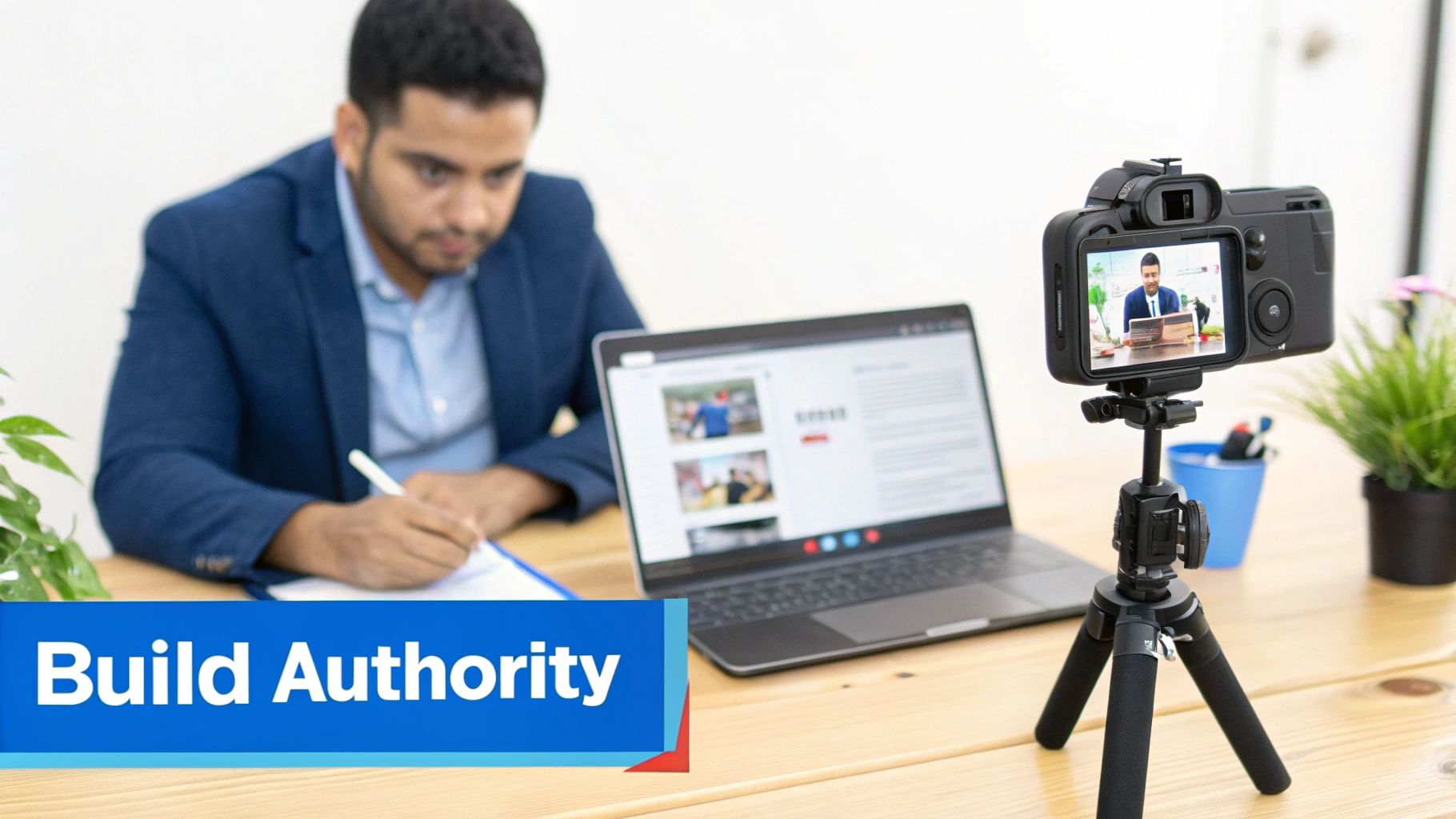 Man in a suit recording a video with a camera on a tripod, while also writing at a desk.
