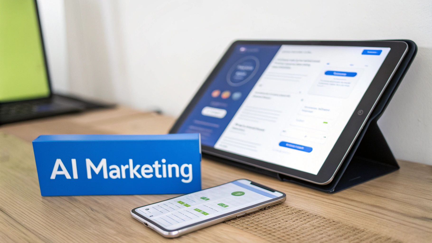 A desk with an 'AI Marketing' box, a tablet showing a dashboard, and a smartphone, symbolizing modern digital marketing.