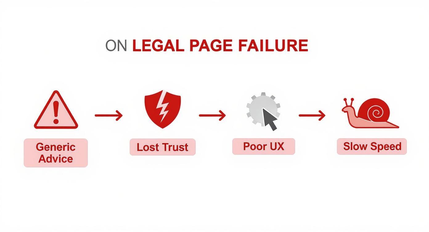 Infographic showing legal page failure progression from generic advice to lost trust, poor user experience, and slow speed