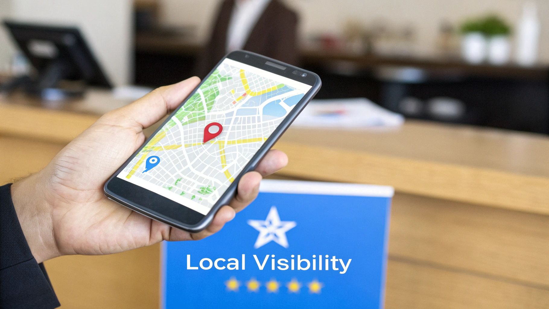 A hand holds a smartphone displaying a map with location pins, next to a 'Local Visibility' sign with stars.