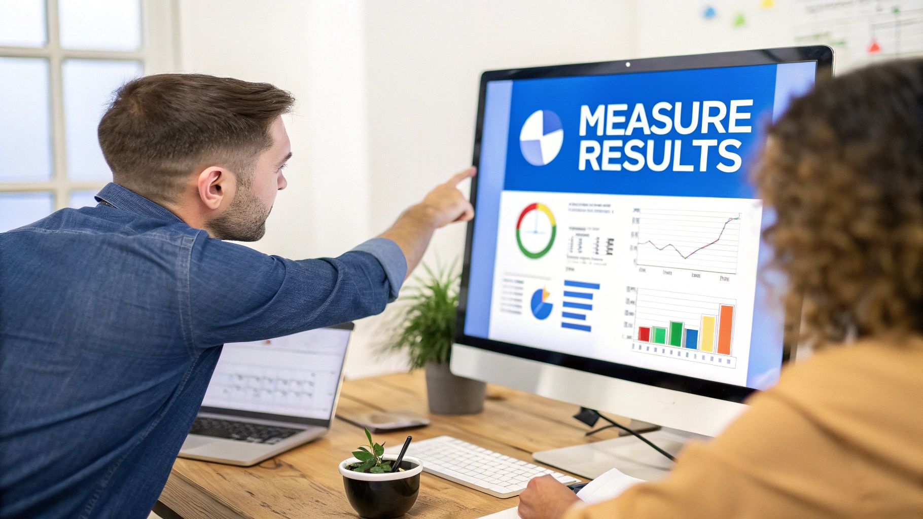 Two people analyzing results and data on a computer screen displaying graphs and charts.