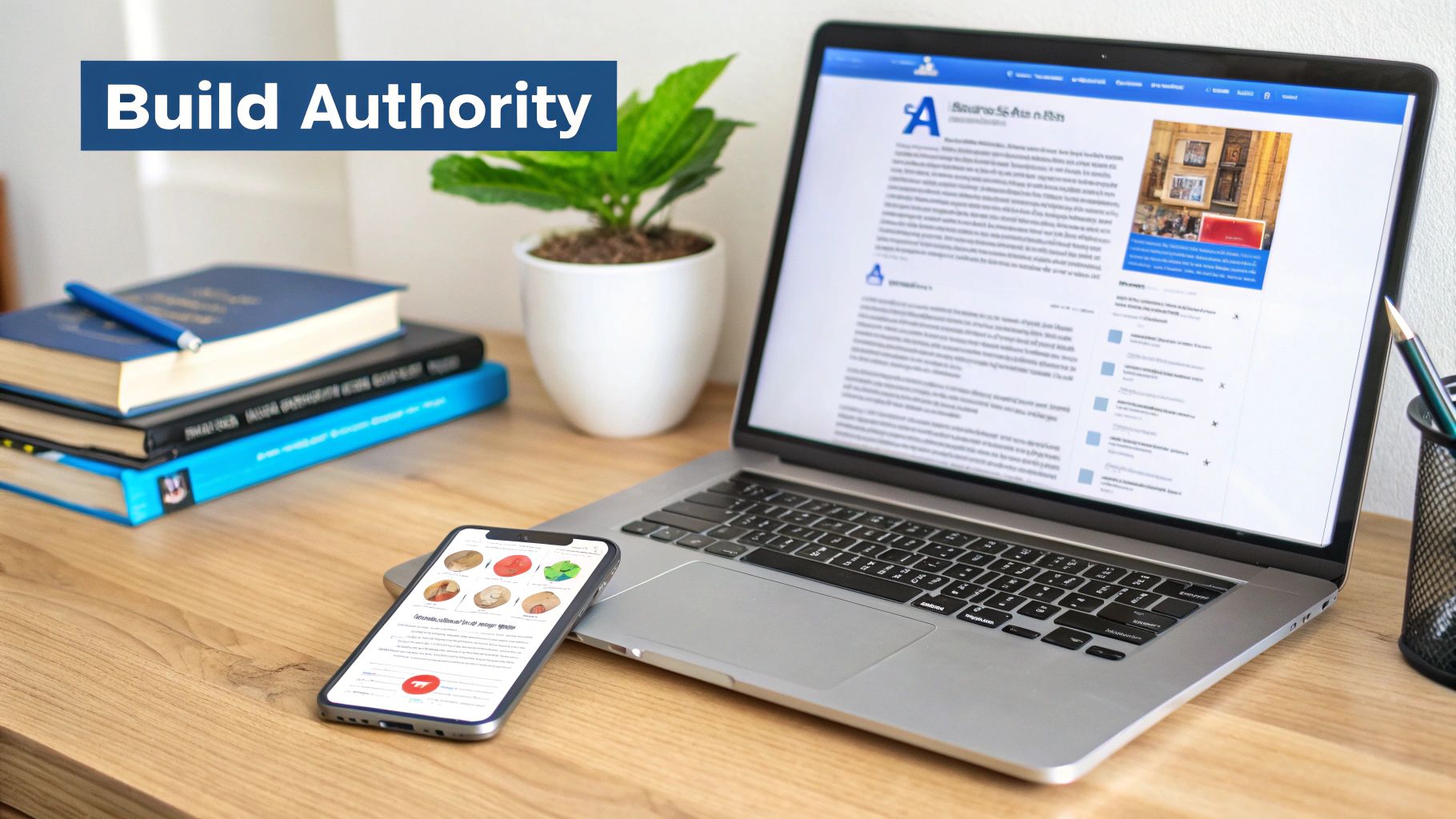 Modern workspace with laptop, smartphone, books, and a 'Build Authority' banner on a wooden desk.