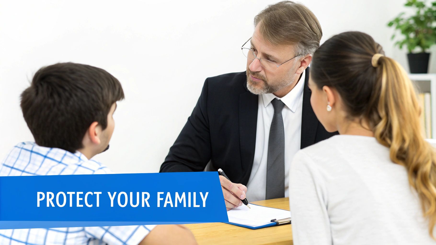 Professional lawyer consulting with young couple about family protection and legal services at office