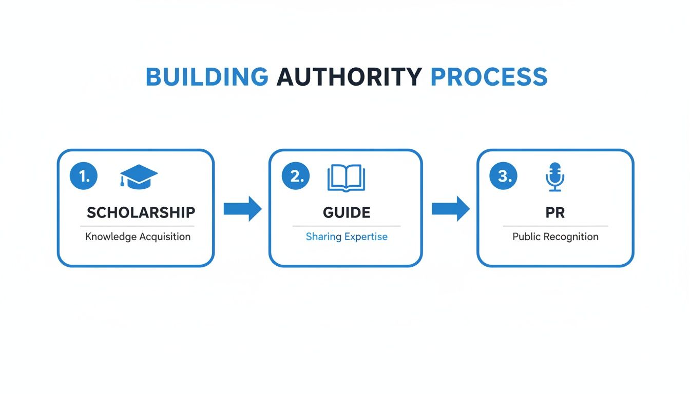 Diagram showing a three-step process for building authority: scholarship, guide, and PR for businesses.