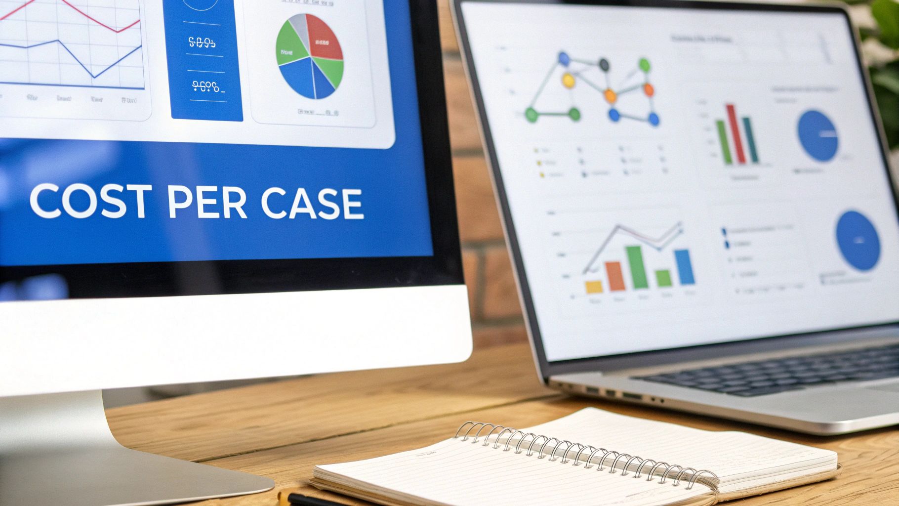 An AI-powered dashboard on a screen showing law firm ROI, cost per signed case, and other key performance indicators.