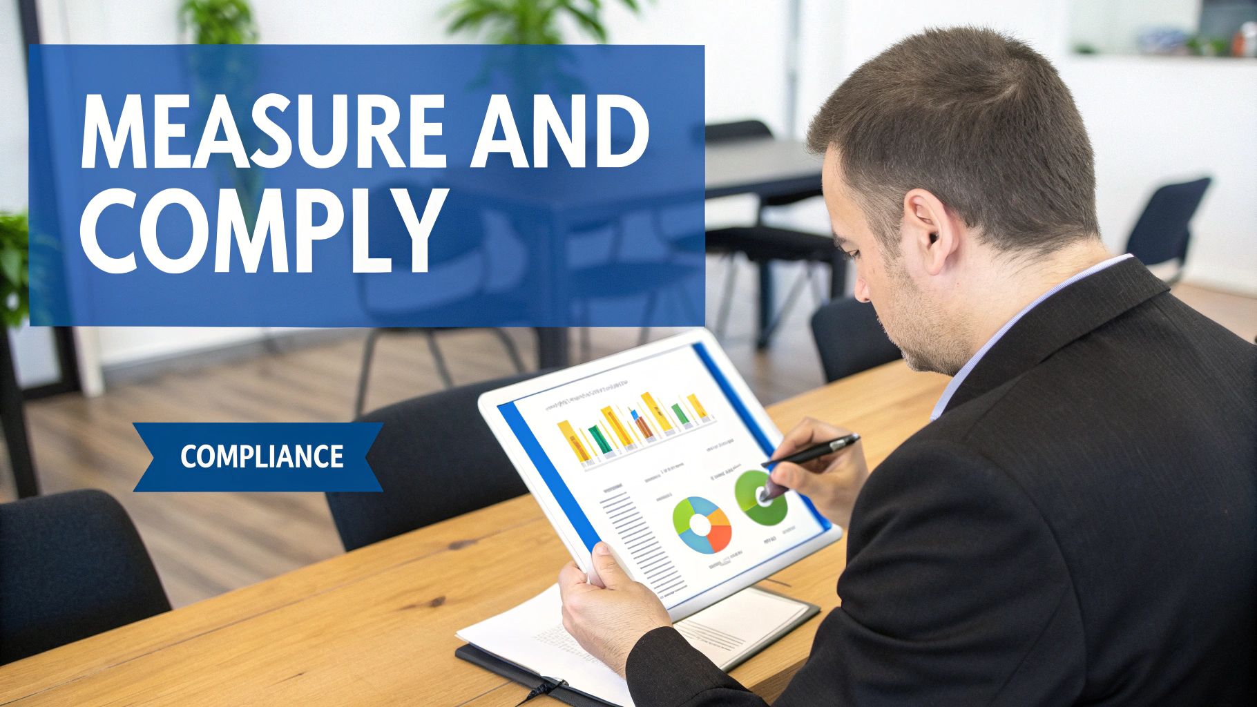 A businessman analyzing data charts on a tablet, with 'MEASURE AND COMPLY' and 'COMPLIANCE' text overlays.