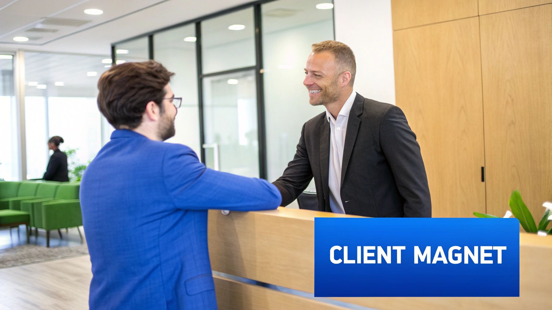 Professional men greeting at an office reception desk with a "CLIENT MAGNET" sign.