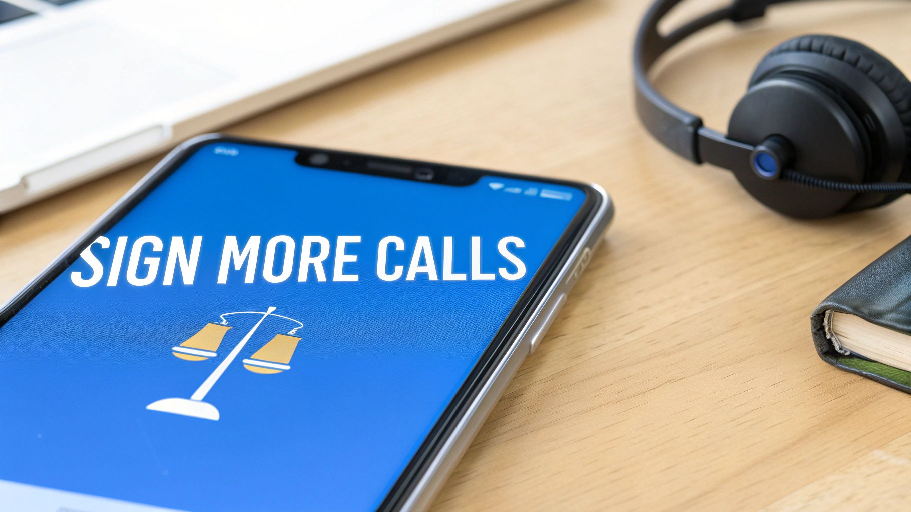 A smartphone displaying 'SIGN MORE CALLS' and scales of justice icon on a wooden desk with office items.