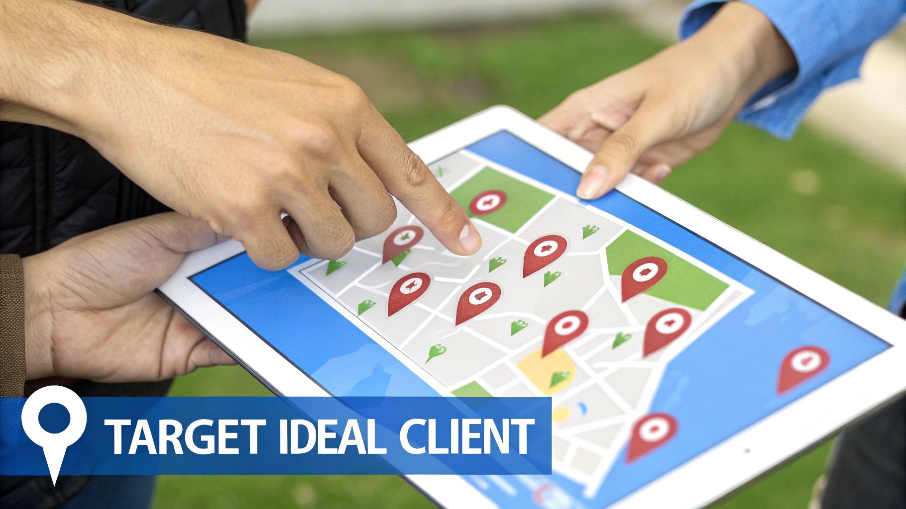 Hands pointing at a digital map on a tablet, showing location pins and 'TARGET IDEAL CLIENT'.