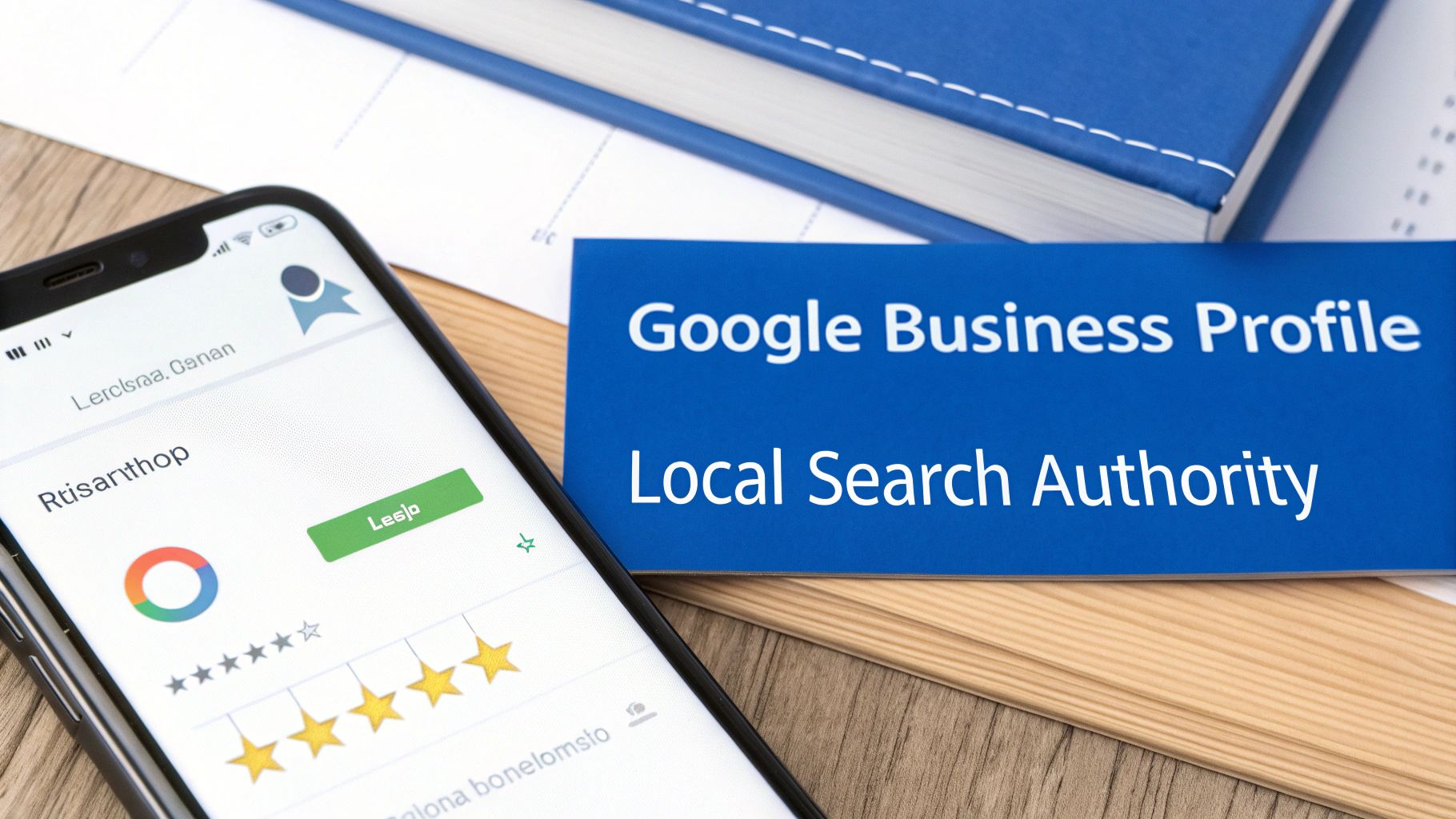 A smartphone displaying customer reviews and ratings alongside a card titled 'Google Business Profile Local Search Authority'.