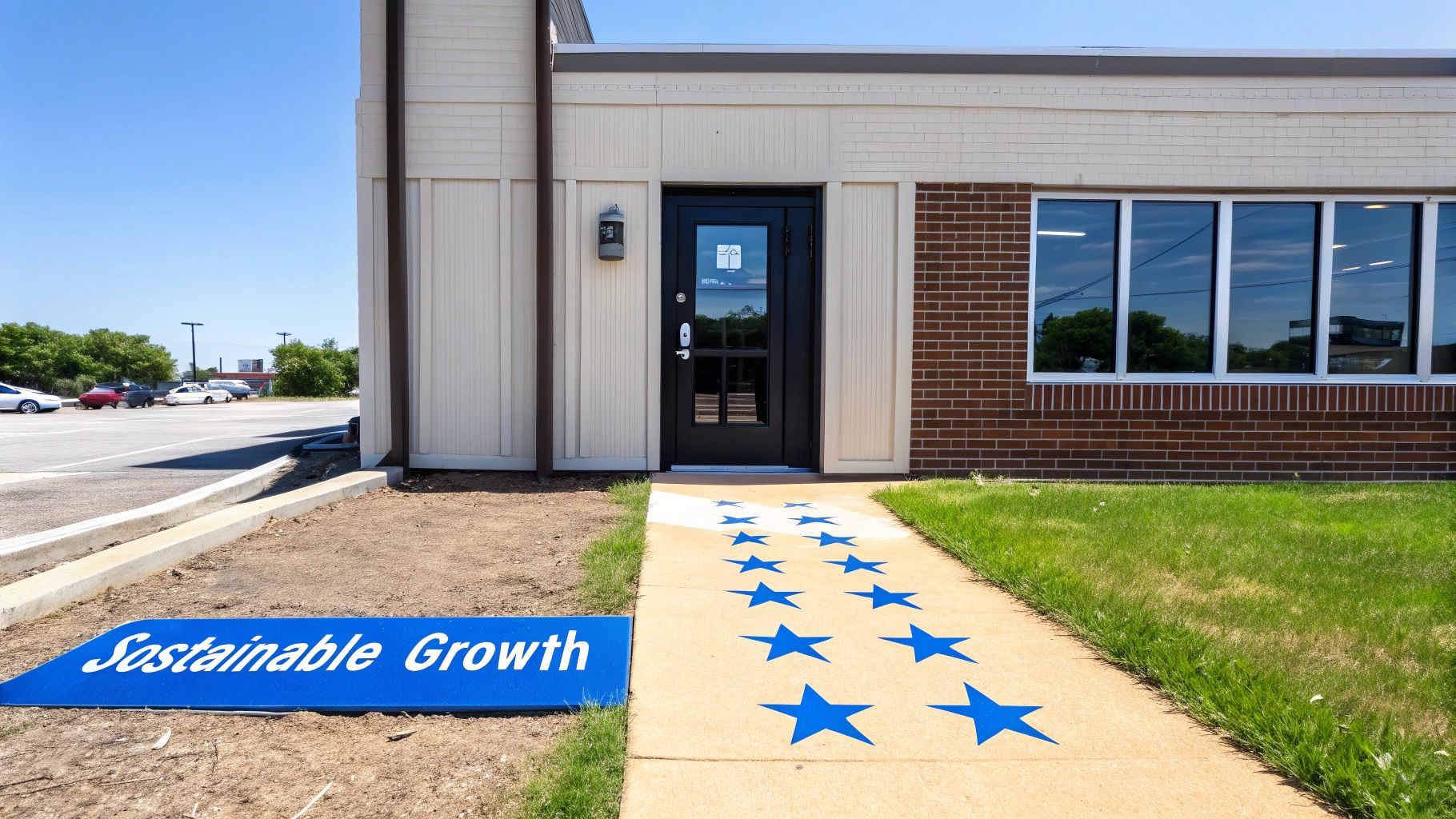 Modern building exterior with a black door, a star-patterned sidewalk, and a 'Sustainable Growth' sign.