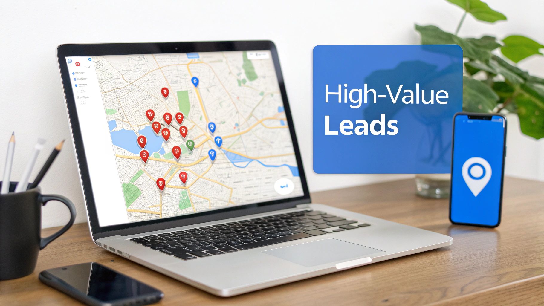A laptop shows a map with location markers for high-value leads, alongside a smartphone.