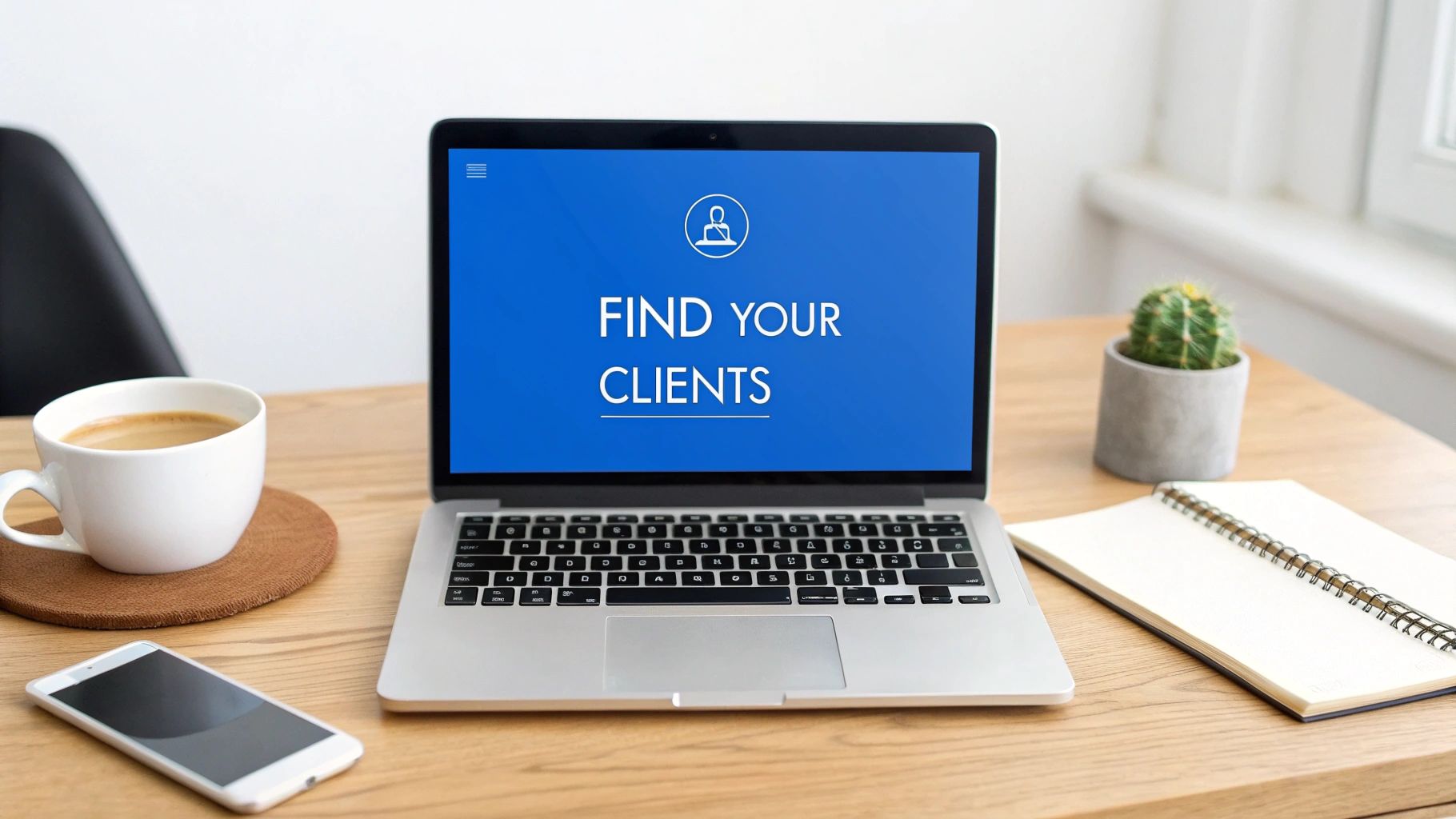 A laptop on a wooden desk displays "FIND YOUR CLIENTS," surrounded by a coffee cup, smartphone, cactus, and notebook.