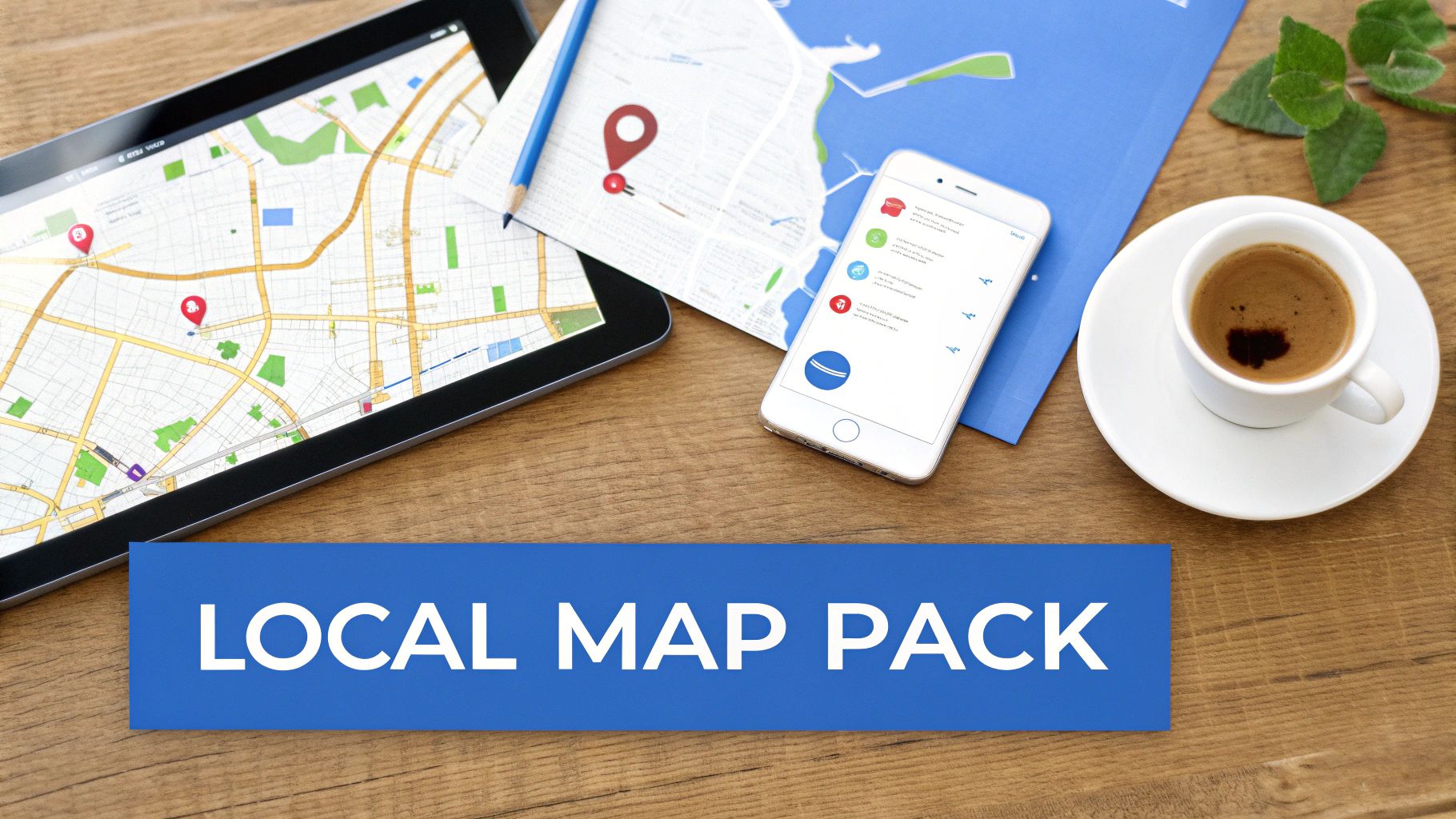 Overhead view of various devices displaying local maps, with a coffee cup and a blue banner saying 'LOCAL MAP PACK'.