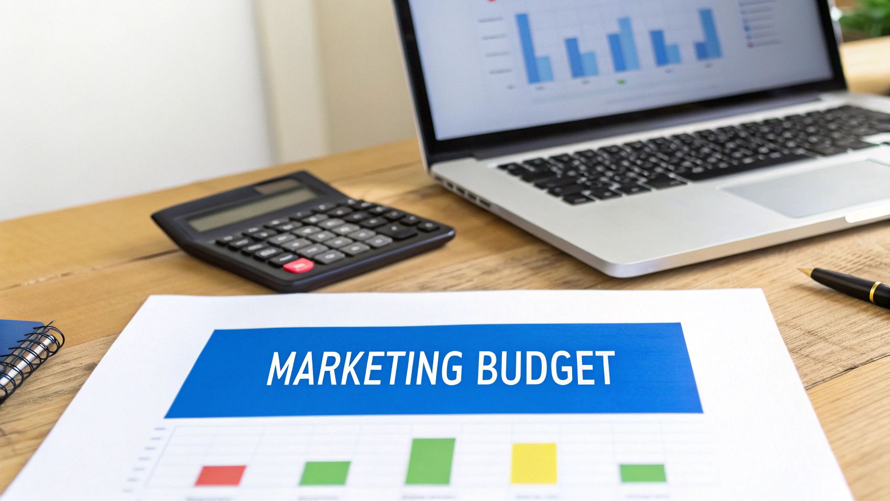 Workplace scene with a laptop, calculator, pen, and a document displaying a 'MARKETING BUDGET' chart.